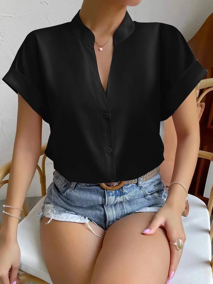2024 verão com decote em v camisa feminina casual senhora do escritório cor sólida manga curta único breasted elegante blusa feminina femme blusas - Imagem 19