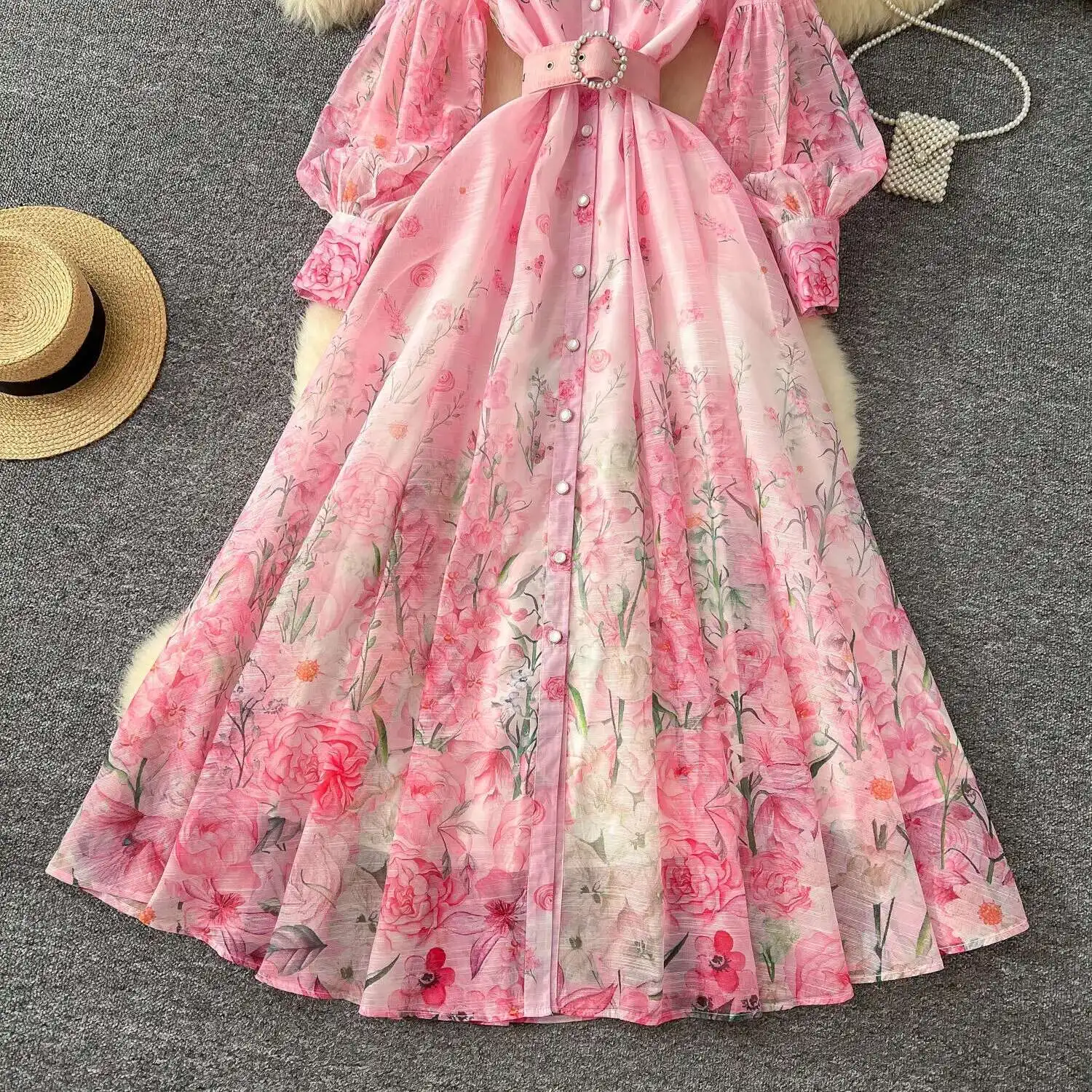 Palácio floral maxi vestido feminino verão férias vestidos longos camisa 2025 primavera manga cheia único breasted pérolas festa vestidos - Imagem 36