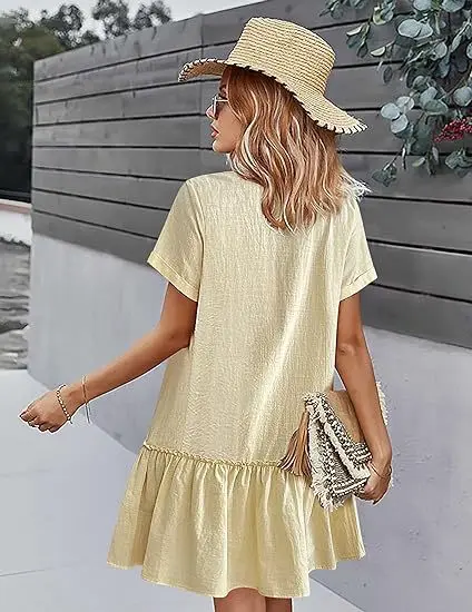 Casual algodão linho verão mini vestido para mulheres com decote em v babados manga curta vestido curto senhoras moda vestidos de botão solto - Imagem 16