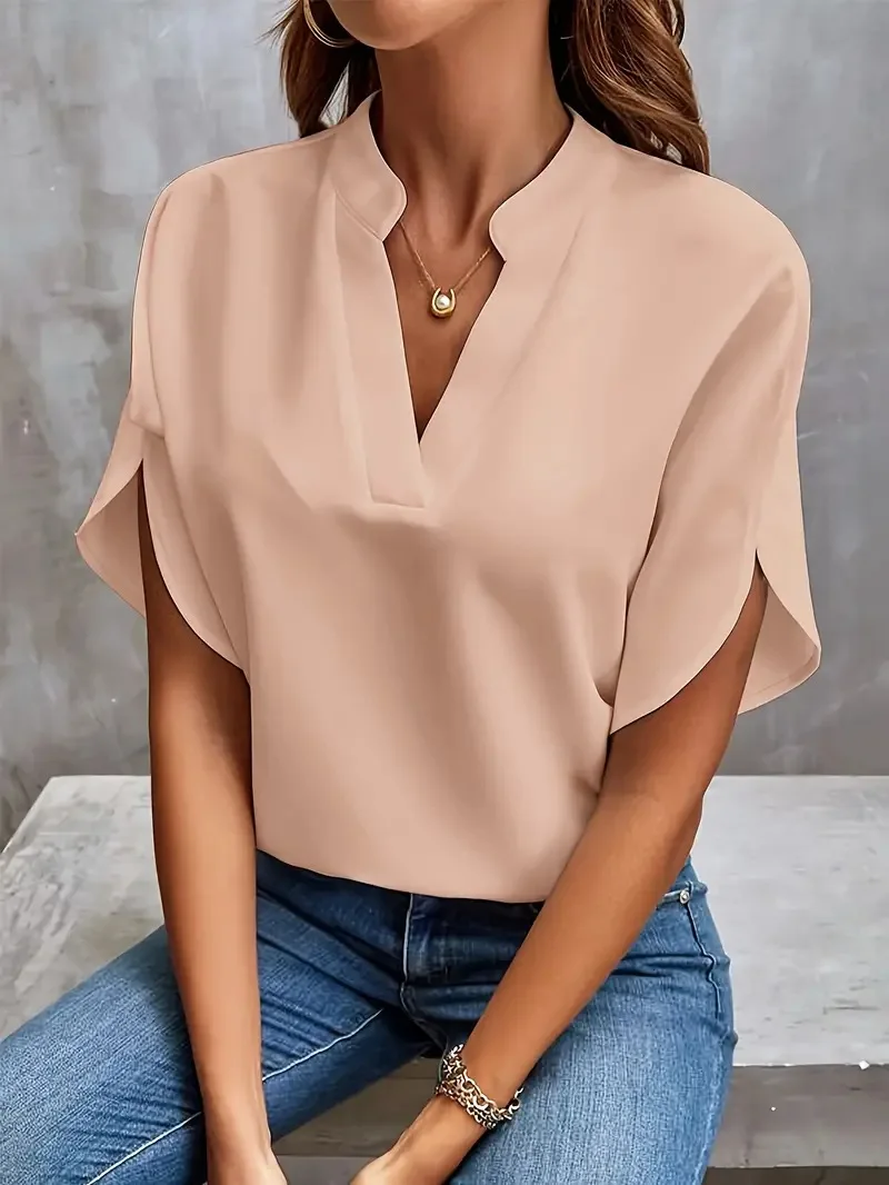 Verão elegante blusa feminina novo decote em v manga curta cor sólida camisa solta casual branco topos senhora do escritório blusas - Imagem 8