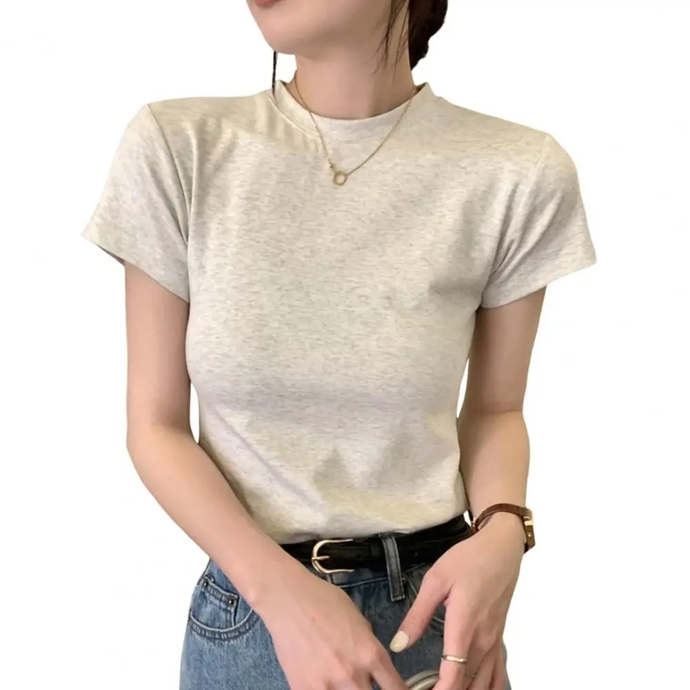 Blusa elegante de manga curta feminina, camiseta feminina slim fit elegante, pulôver macio com o pescoço, streetwear monocromático, top elástico - Imagem 8