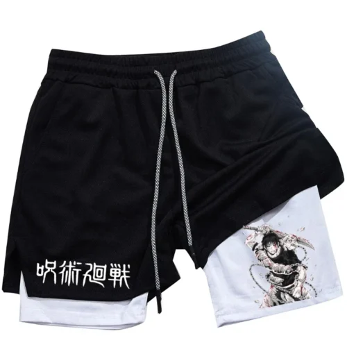 Calções de Anime Performance Masculina, Estampada Toji, Ginásio, Casual, Esportes, Treino, Corrida, Malha, Calça curta esportiva 2 em 1