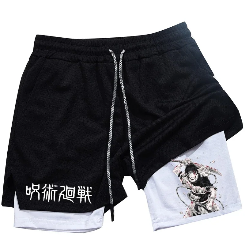 Calções de Anime Performance Masculina, Estampada Toji, Ginásio, Casual, Esportes, Treino, Corrida, Malha, Calça curta esportiva 2 em 1