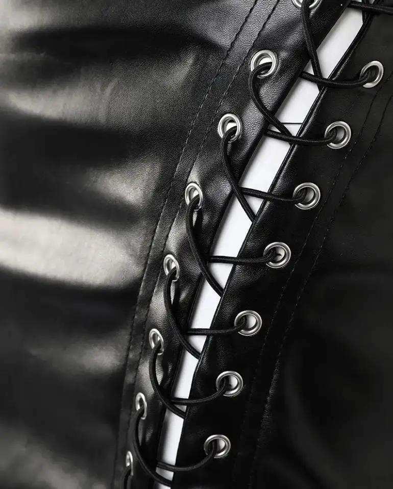 Saia de couro sexy feminina 2024 verão nova cintura alta couro do plutônio malha rendas até saia curta envoltório apertado hip meia mini saia curta - Imagem 4