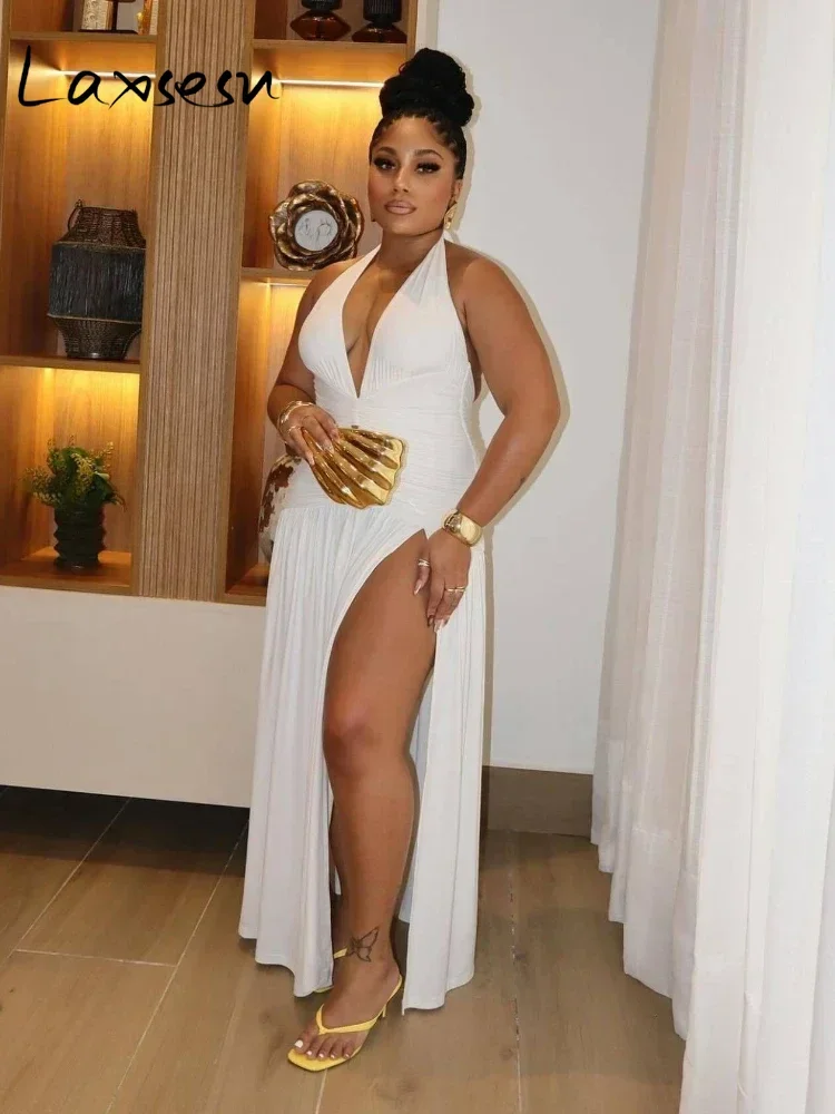 Laxsesu profundo decote em v halter vestido mulher verão babados splits sem costas elegante retalhos sólido festa coquette sexy vestidos - Imagem 4