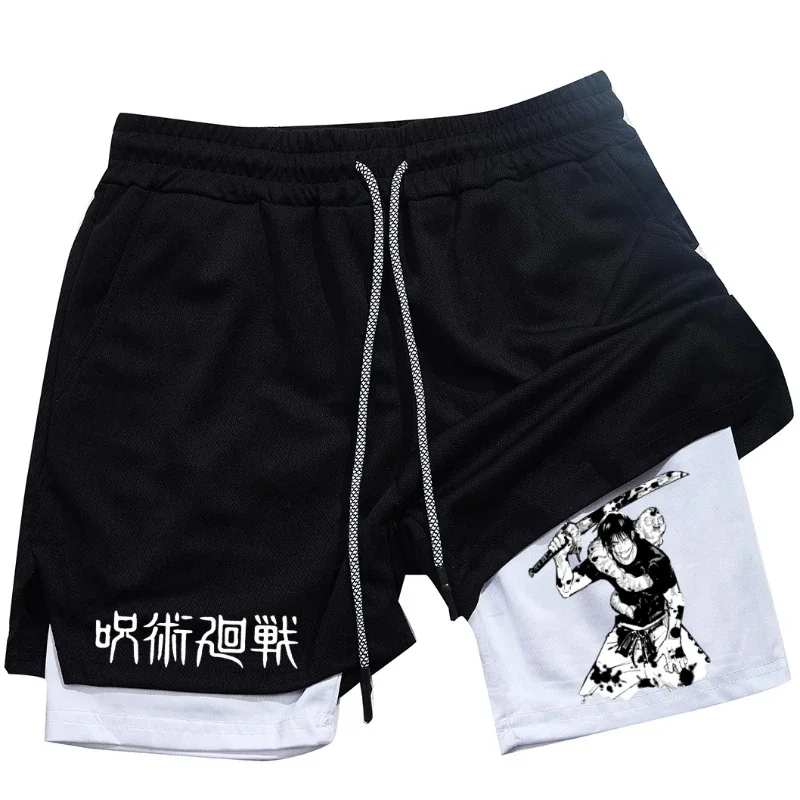 Calções de Anime Performance Masculina, Estampada Toji, Ginásio, Casual, Esportes, Treino, Corrida, Malha, Calça curta esportiva 2 em 1 - Imagem 2
