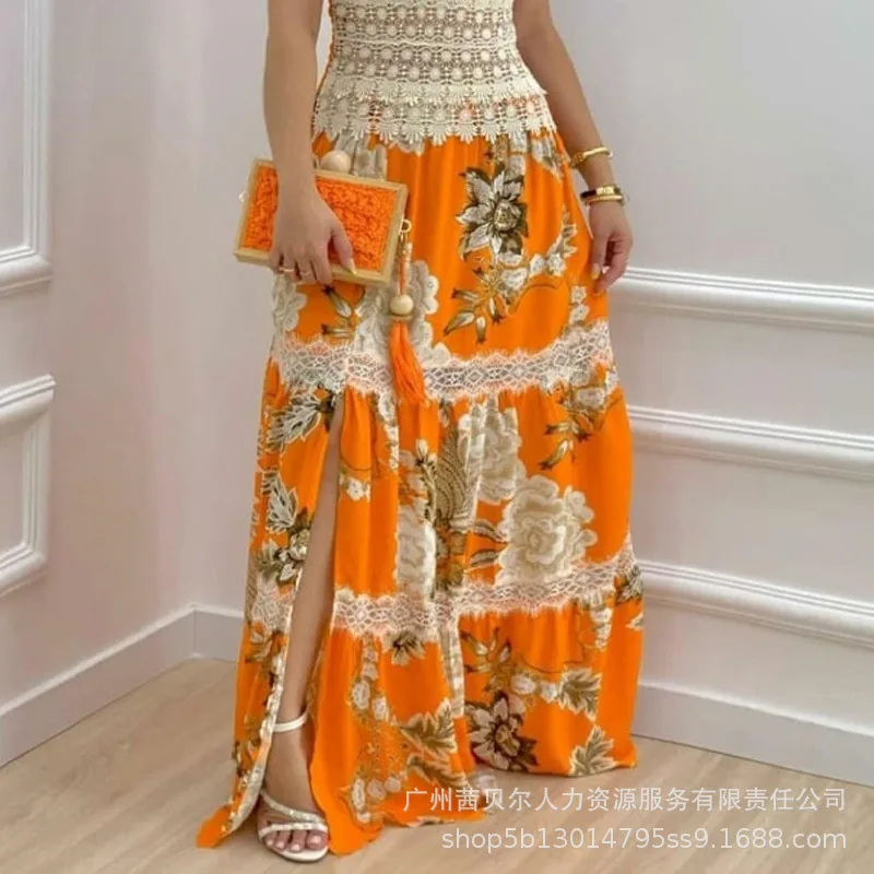 Vestido de Praia Feminino com Painel de Bordas, Saia Longa, Decote V, Estampado, Férias Europeu e Americano, Sexy, Verão, 2022 - Imagem 3