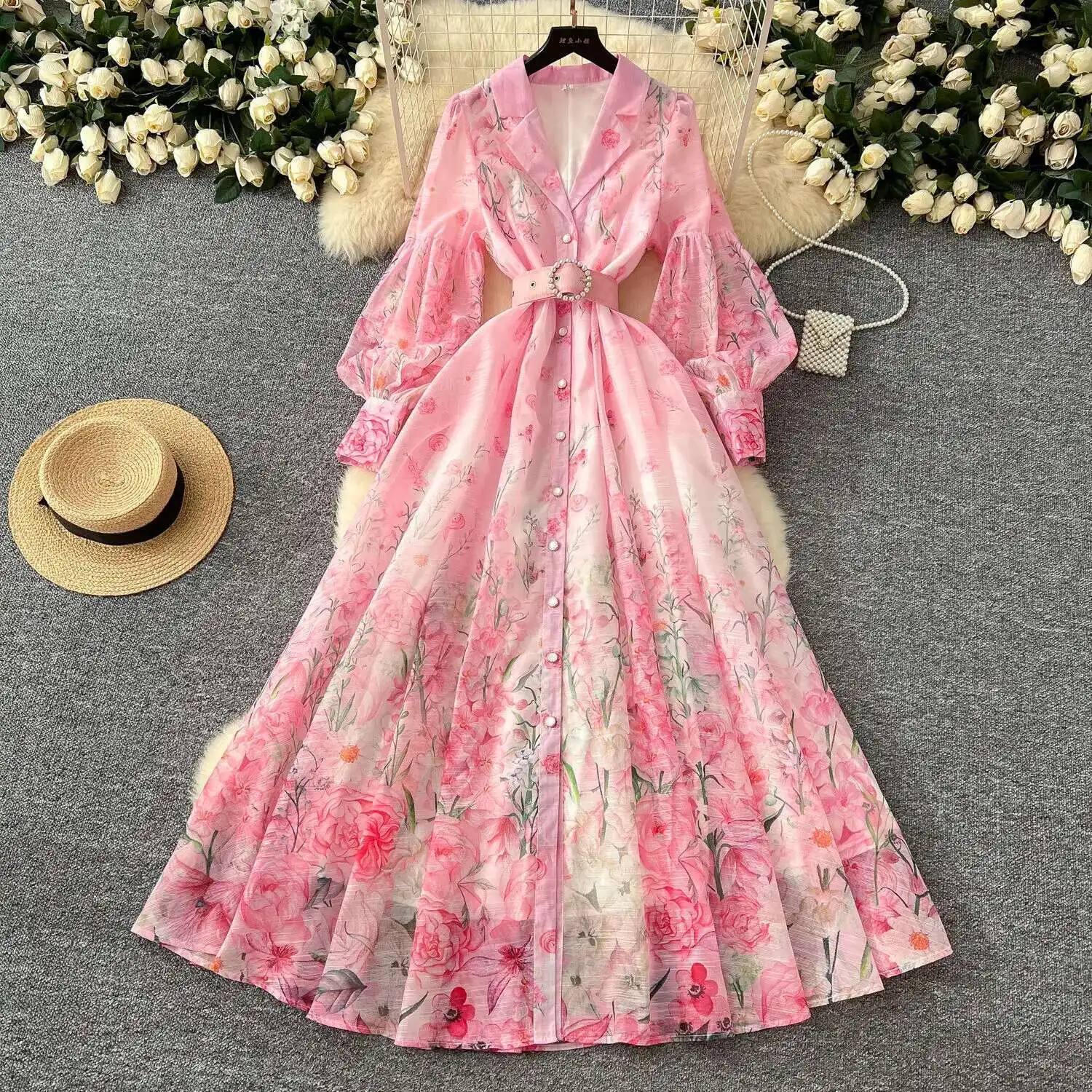 Palácio floral maxi vestido feminino verão férias vestidos longos camisa 2025 primavera manga cheia único breasted pérolas festa vestidos - Imagem 17