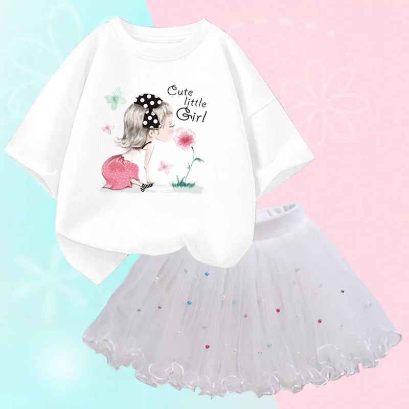 Conjunto de duas peças feminino, saia de malha tutu e camiseta, roupa de festa infantil, bonita coreana, moda verão, 3-14 anos - Imagem 11