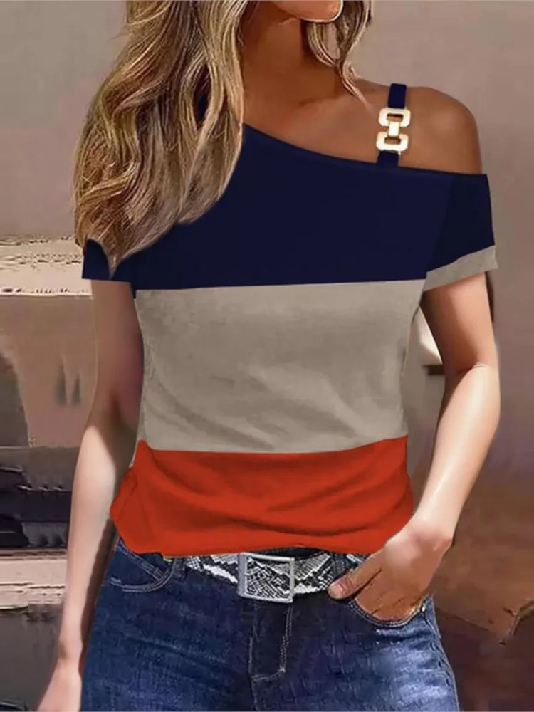 Blusa Feminina Fora do Ombro, Manga Curta, Folha de Metal, Camisa Diagonal, Casual Solta, Elegante Camisas de Escritório, Moda - Imagem 2