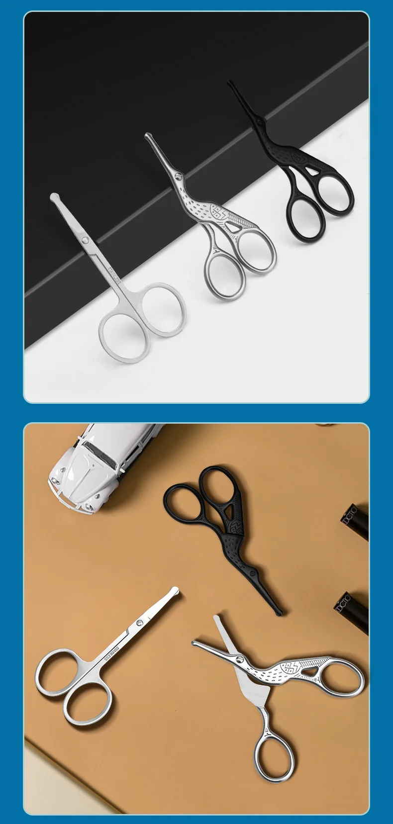 Cabeça redonda de aço inoxidável nariz tesoura cabelo tipo cegonha beleza tesoura para sobrancelhas nariz cabelo barba orelha cabelo sobrancelha tesoura - Imagem 18