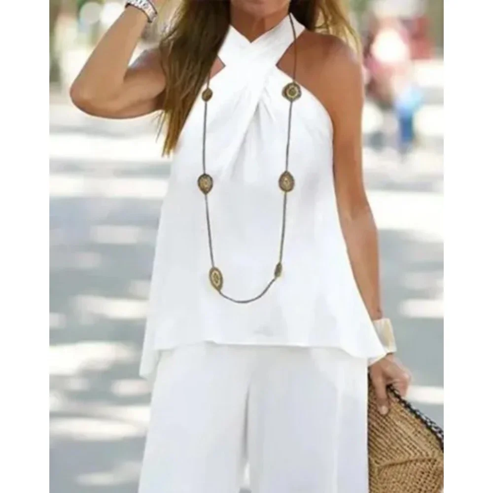 Conjunto de calças de cintura alta e top sem mangas com decote em v feminino, agasalho solto, roupas halter, moda casual, 2 peças - Imagem 12