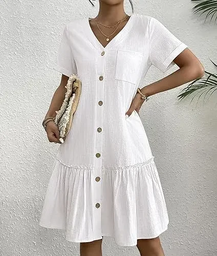 Casual algodão linho verão mini vestido para mulheres com decote em v babados manga curta vestido curto senhoras moda vestidos de botão solto