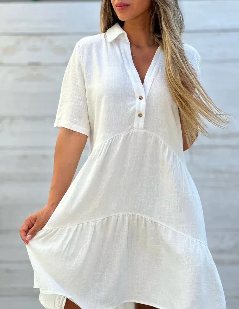 Moda manga curta branco algodão linho vestido feminino 2024 verão solto casual botões vestidos confortáveis para mulher robe femme - Imagem 3