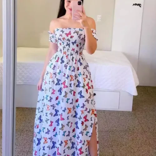 Elegante feminino fora do ombro midi vestido 2024 verão moda vestidos de cintura alta flor impressão manga curta vestidos robe roupas