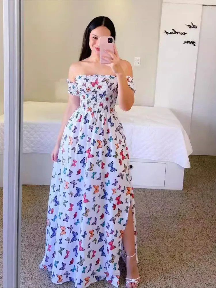 Elegante feminino fora do ombro midi vestido 2024 verão moda vestidos de cintura alta flor impressão manga curta vestidos robe roupas