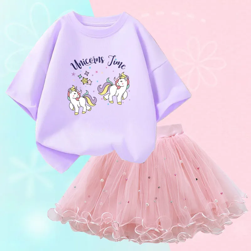 Conjunto de duas peças feminino, saia de malha tutu e camiseta, roupa de festa infantil, bonita coreana, moda verão, 3-14 anos - Imagem 26