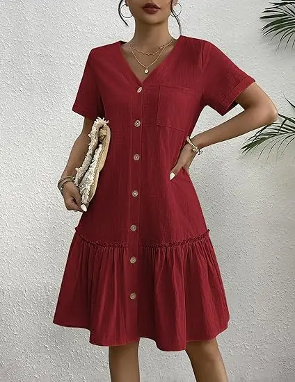 Casual algodão linho verão mini vestido para mulheres com decote em v babados manga curta vestido curto senhoras moda vestidos de botão solto - Imagem 22