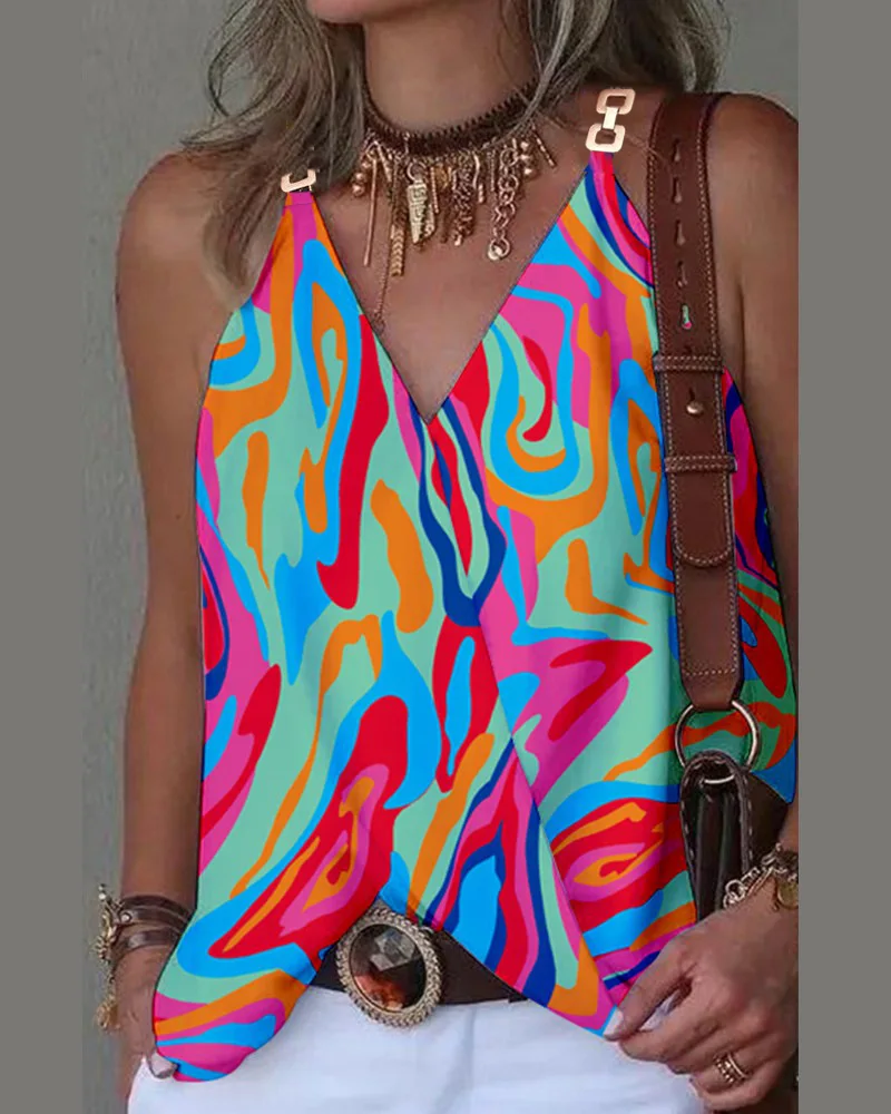 2024 verão com decote em v fivela de metal impresso regata para mulheres solta sem mangas pulôver blusa femme blusas femininas - Imagem 9