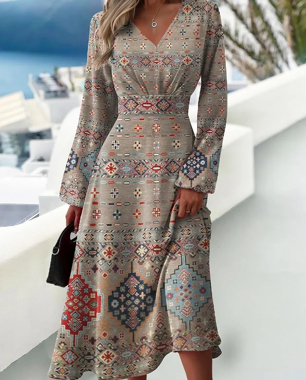 Vestido estampado slim fit feminino, mangas largas, sexy com decote em v, manga comprida, elegante, primavera, outono, novo - Imagem 15