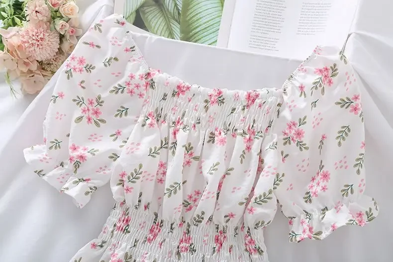 Doce flor quebrada Slash Neck Blusa para mulheres, Agaric Edge Plissado Design, cintura elástica fina Cropped Top, camiseta de chiffon bonito, verão - Imagem 10