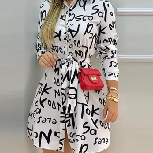 Mulheres elegante vestido carta impressão manga longa camisa casual vestido verão primavera férias mini vestidos senhora do escritório 2025 vestidos