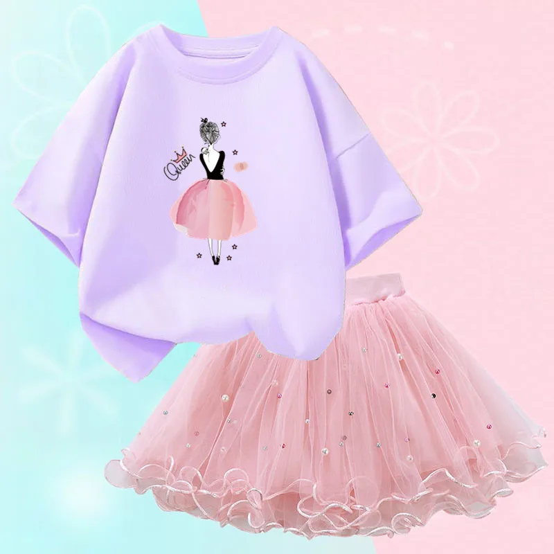Conjunto de duas peças feminino, saia de malha tutu e camiseta, roupa de festa infantil, bonita coreana, moda verão, 3-14 anos - Imagem 7