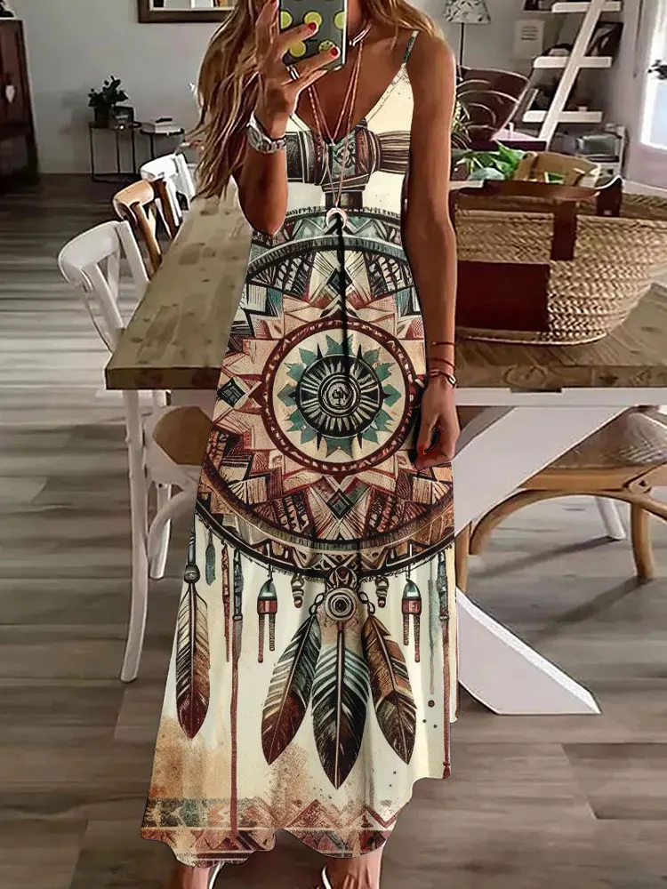 2024 novo vestido de estampa vintage de coruja 3D, sem mangas, longo, feminino, padrão tribal, pulseira de espaguete, verão, vestido longo e solto - Imagem 21
