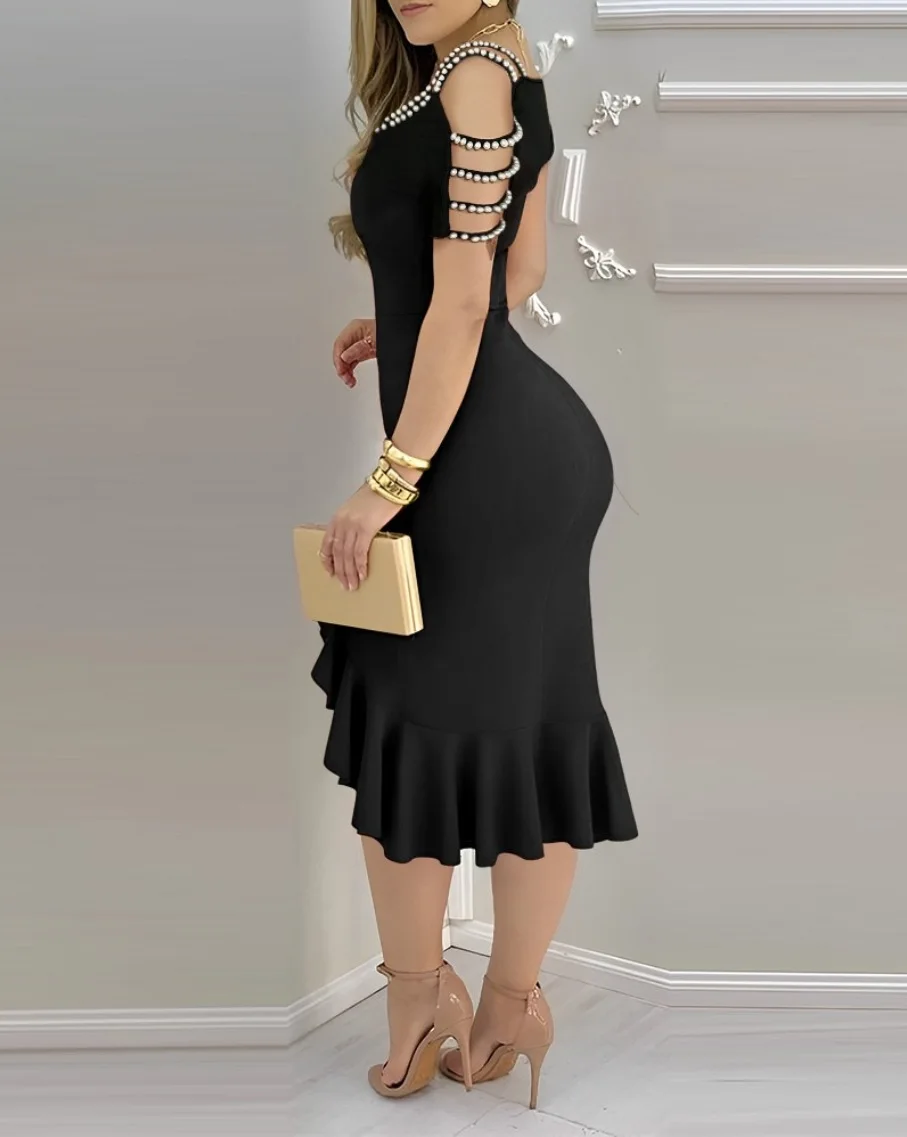 Vestidos sexy femininos elegantes 2025 primavera pérola decoração vestido preto vestidos de festa femininos vestidos de fiesta de mujer - Imagem 3