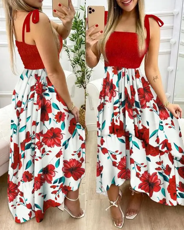 Verão sexy cinta de espaguete floral impressão maxi vestido para as mulheres 2024 casual elegante peito envoltório longo mulher praia vestido férias - Imagem 9