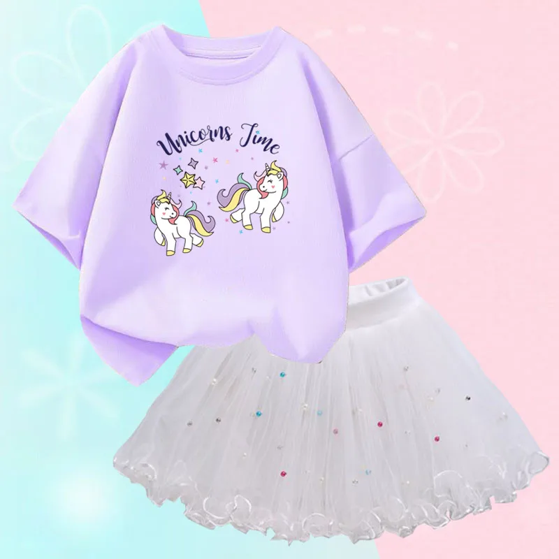 Conjunto de duas peças feminino, saia de malha tutu e camiseta, roupa de festa infantil, bonita coreana, moda verão, 3-14 anos - Imagem 24