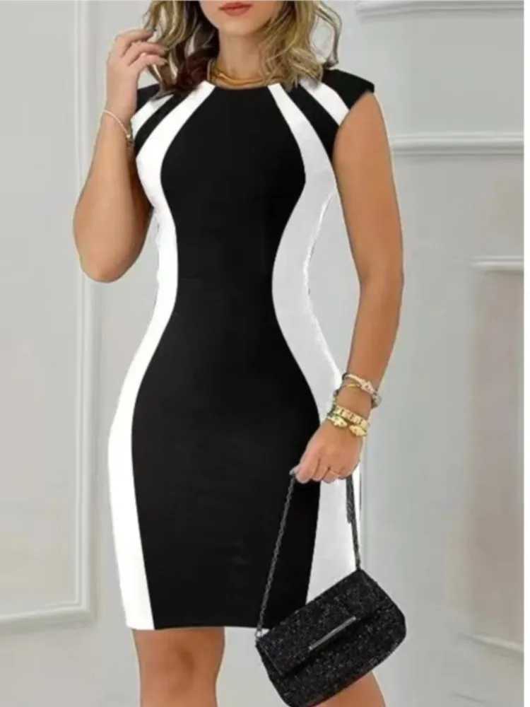 Moda feminina em torno do pescoço sem mangas bodycon zíper mini vestido novo verão colorblock volta dividir festa senhora magro lápis vestidos - Imagem 7