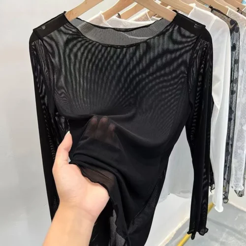 Gelo gaze inferior blusa feminina verão transparente protetor solar areia camiseta de mangas compridas perspectiva pele casaco de renda topo