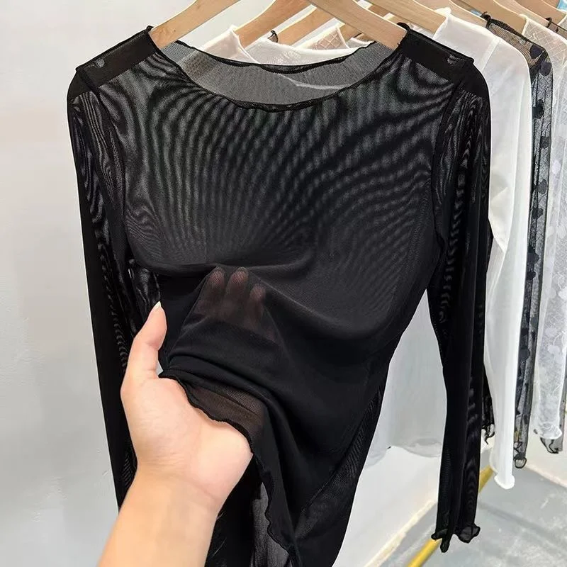 Gelo gaze inferior blusa feminina verão transparente protetor solar areia camiseta de mangas compridas perspectiva pele casaco de renda topo