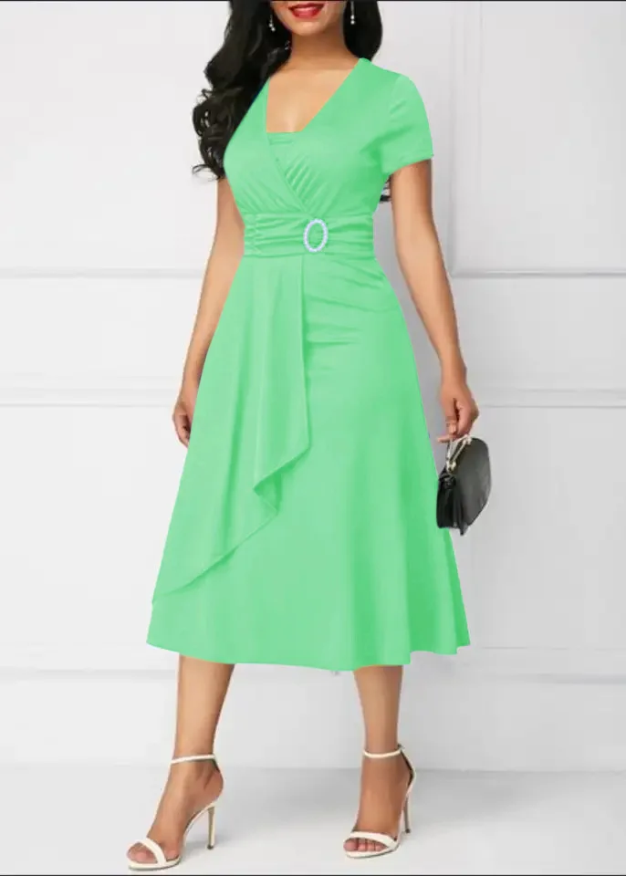 Vestidos de verão elegantes femininos cor sólida manga curta com decote em v assimétrico bainha cintura apertada midi vestido de festa senhoras vestidos de noite - Imagem 26