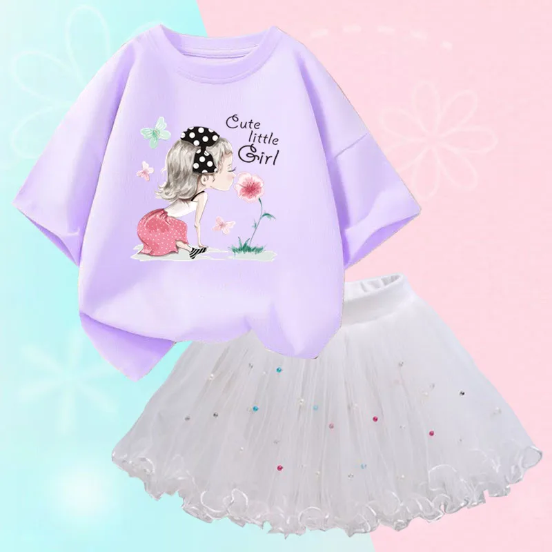 Conjunto de duas peças feminino, saia de malha tutu e camiseta, roupa de festa infantil, bonita coreana, moda verão, 3-14 anos - Imagem 29