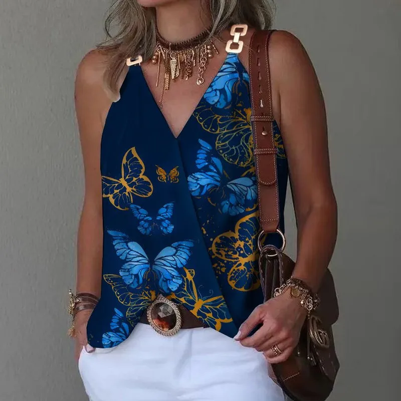 2024 verão com decote em v fivela de metal impresso regata para mulheres solta sem mangas pulôver blusa femme blusas femininas