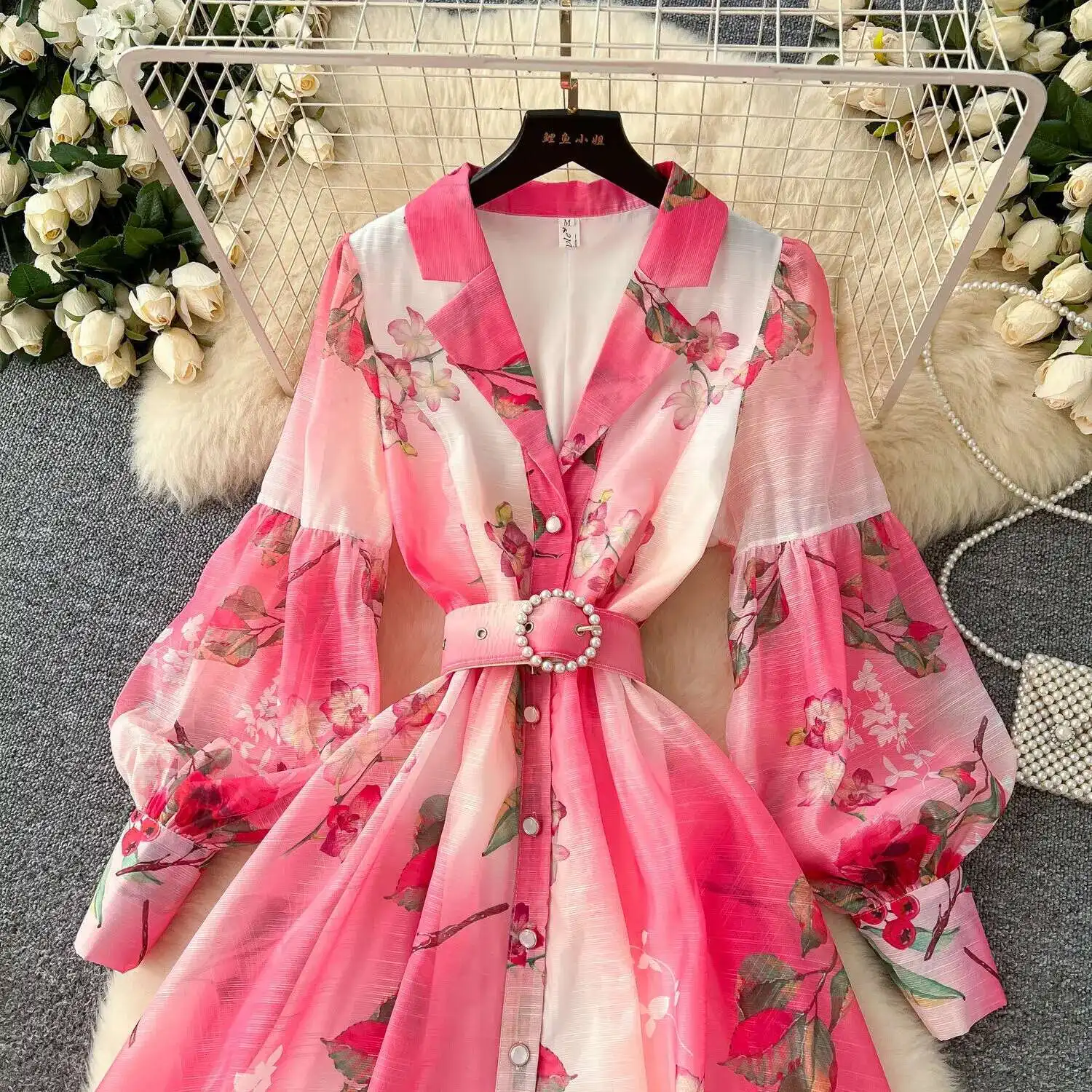 Palácio floral maxi vestido feminino verão férias vestidos longos camisa 2025 primavera manga cheia único breasted pérolas festa vestidos - Imagem 28