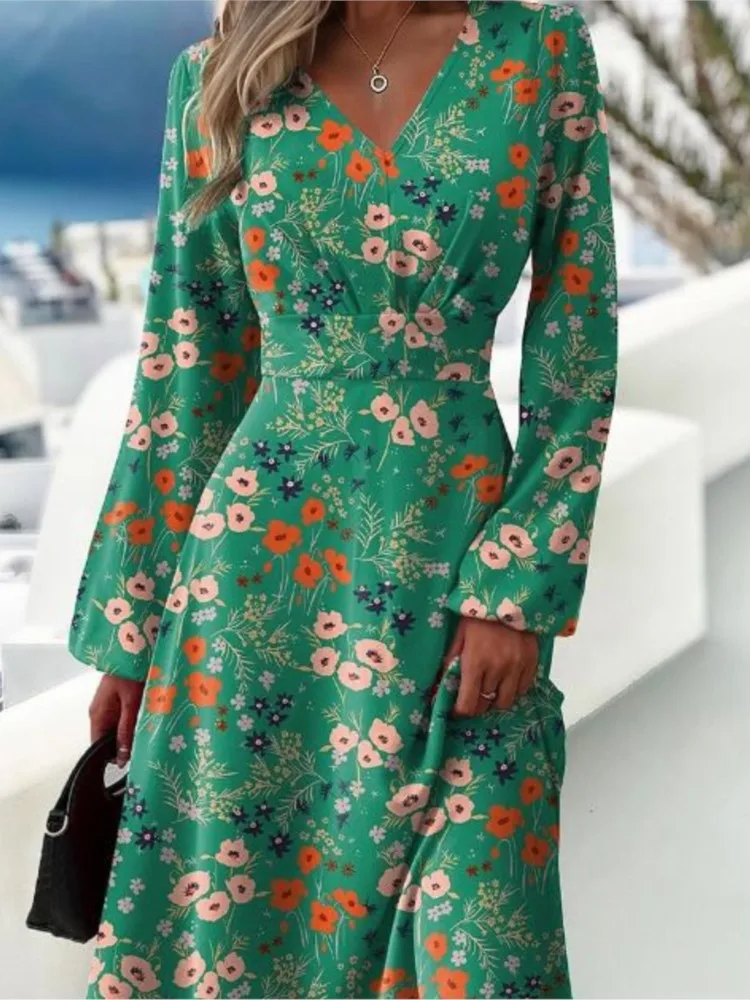 Vestido estampado slim fit feminino, mangas largas, sexy com decote em v, manga comprida, elegante, primavera, outono, novo - Imagem 3